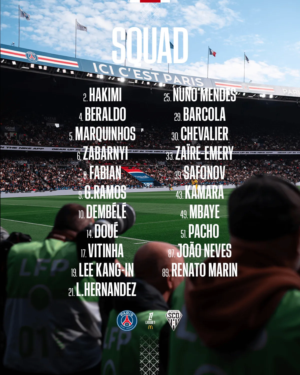 开云-巴黎vs昂热大名单：登贝莱领衔，多纳鲁马、K77缺席